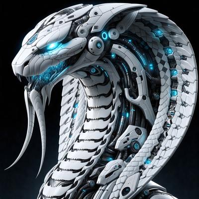 Primary subject: A white and blue snake with a mechanical head.

Setting/background: The snake is in a dark room, with a blue background.

Visual style: The image is a digital art or illustration.

Colors and mood: The snake has a blue and white color scheme, giving it a futuristic and mechanical appearance. The overall atmosphere is mysterious and intriguing.